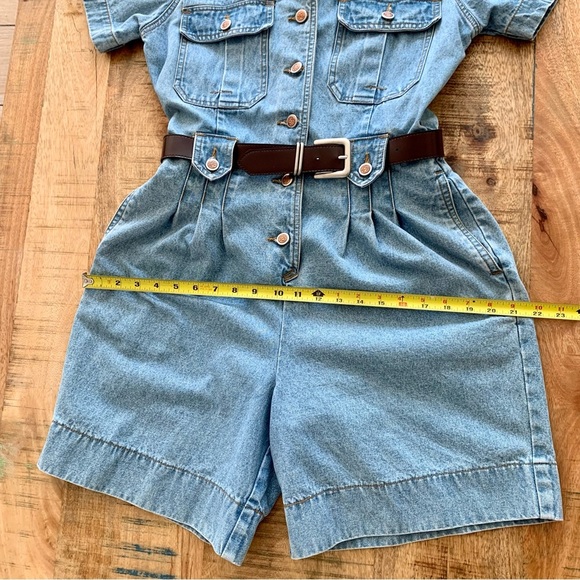Bill Blass Vintage 90’Blue Denim Stretch Waist Pleated Romper Jumper Sz Medium - Picture 10 of 15
